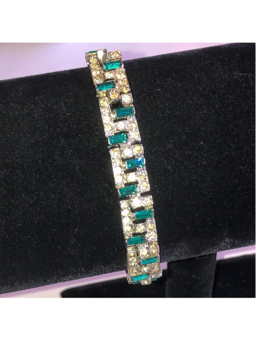 Vintage Silver Tone Green Rhinestone Boho Bracelet - Picture 2 of 8